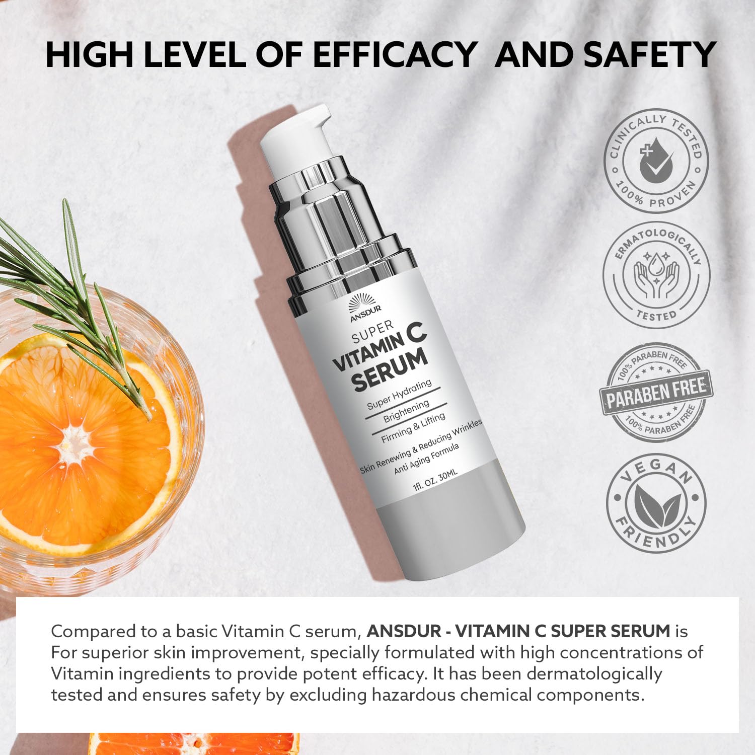 ANSDUR Super Vitamin C Serum for Women over 70: Hyaluronic Acid Serum for Face, Dark Spot Remover and Wrinkle Reduction - Lifting, Smoothing, Moisturizing, All in One Skin Care Formula, 1 fl oz
